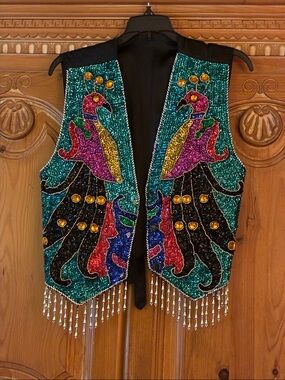 Beaded Peacock Sequin Vest in Teal, Black & Multicolor SMALL